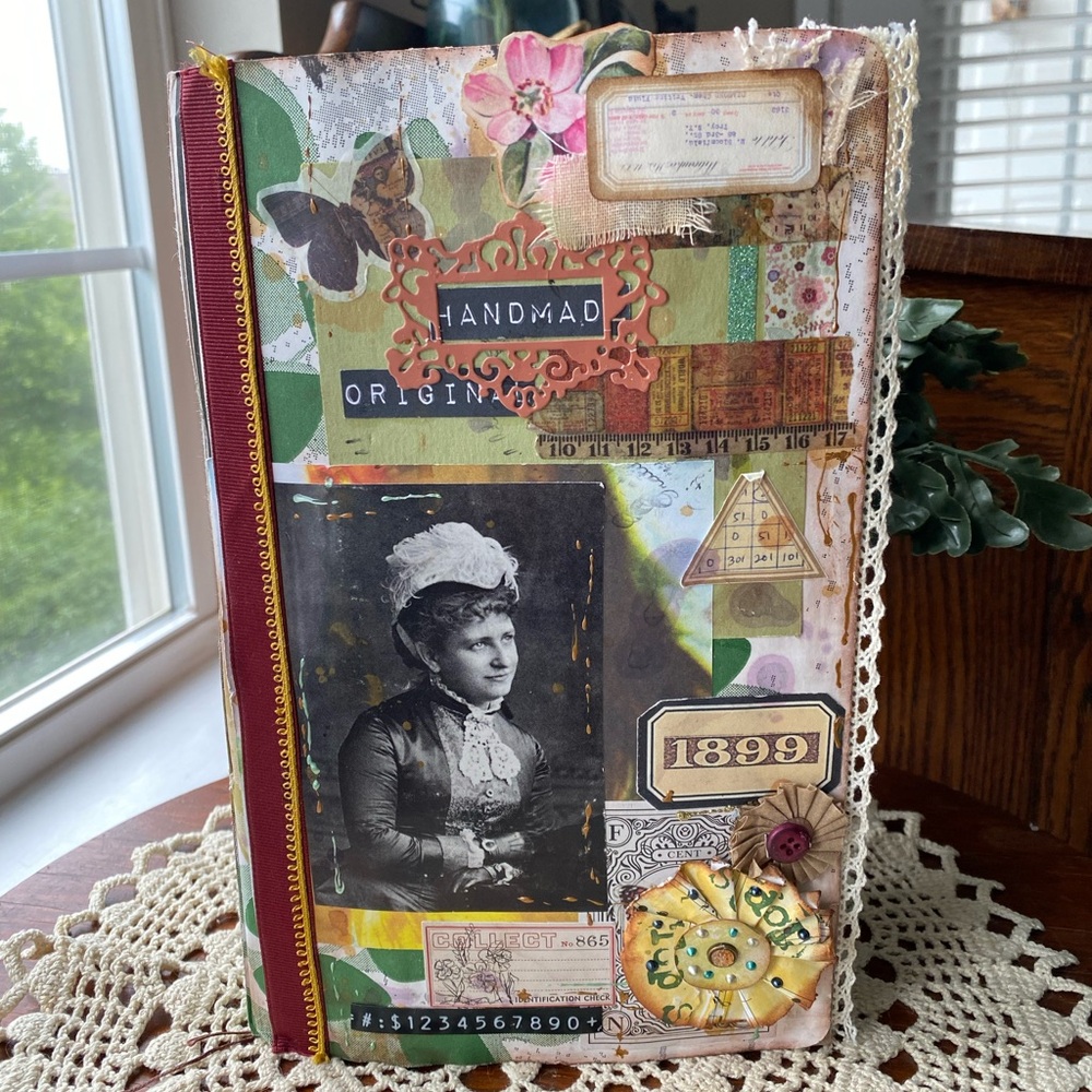 NWT Vintage Hand Crafted Mixed Media Lady & Birds Art in Green and Brown